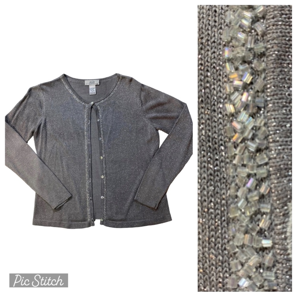 AGB Byer California Cardigan Sweater Silk Silver Metallic Beaded Small